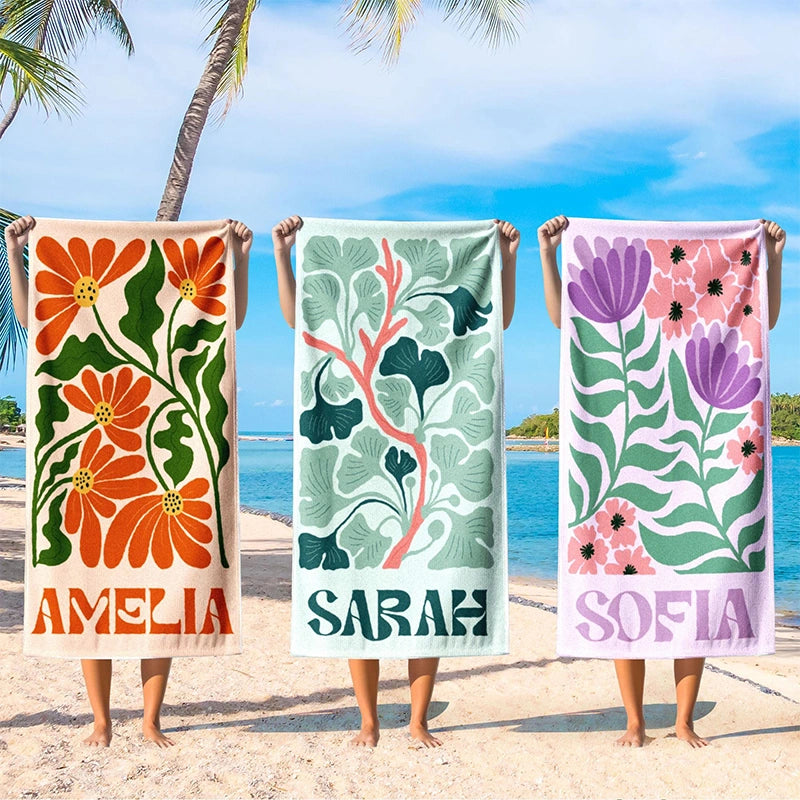 Personalized Retro Floral Beach Towel with Name – Groovy Vibes Summer Pool & Vacation Gift