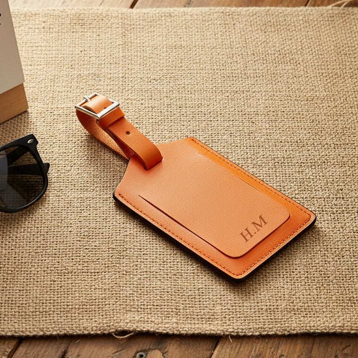 Personalised Recycled Leather Luggage Tag with Initials | Custom Monogram Travel Bag Tag Gift