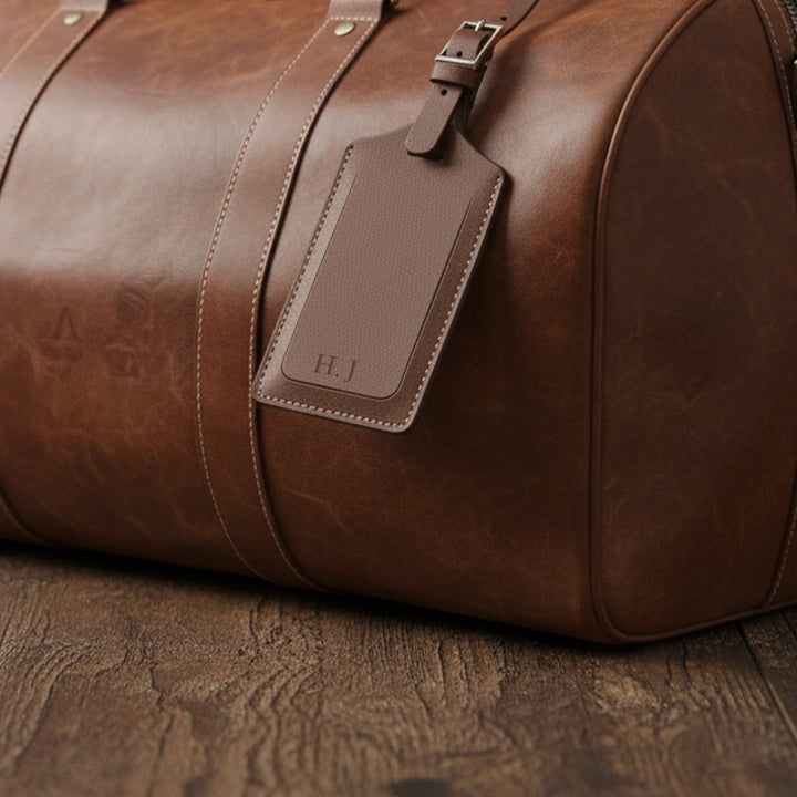 Personalised Recycled Leather Luggage Tag with Initials | Custom Monogram Travel Bag Tag Gift