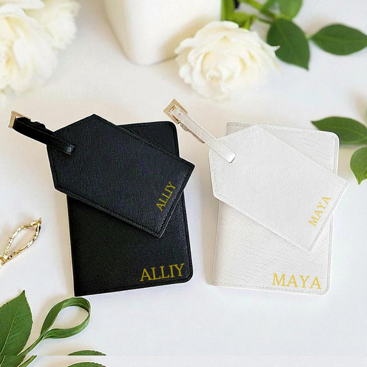 Personalized Leather Passport Case & Luggage Tag Set – Custom Monogram Travel Gift for Couples, Brides, Bridesmaids & Frequent Travelers