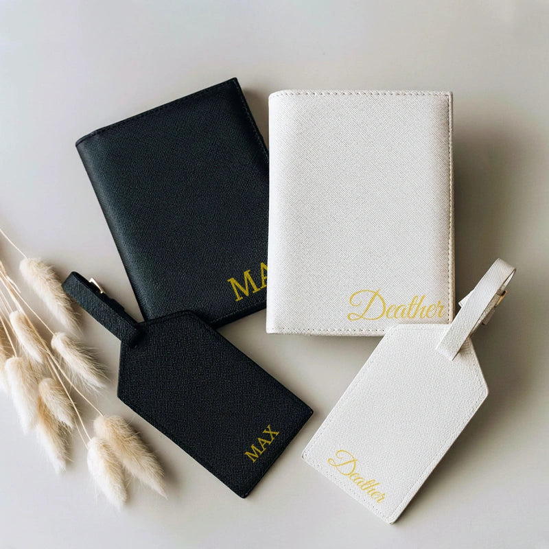 Personalized Leather Passport Case & Luggage Tag Set – Custom Monogram Travel Gift for Couples, Brides, Bridesmaids & Frequent Travelers