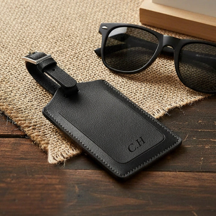 Personalised Recycled Leather Luggage Tag with Initials | Custom Monogram Travel Bag Tag Gift