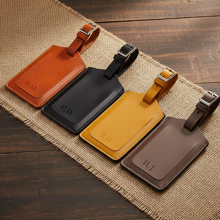 Personalised Recycled Leather Luggage Tag with Initials | Custom Monogram Travel Bag Tag Gift
