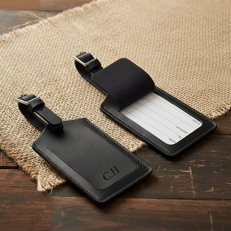 Personalised Recycled Leather Luggage Tag with Initials | Custom Monogram Travel Bag Tag Gift