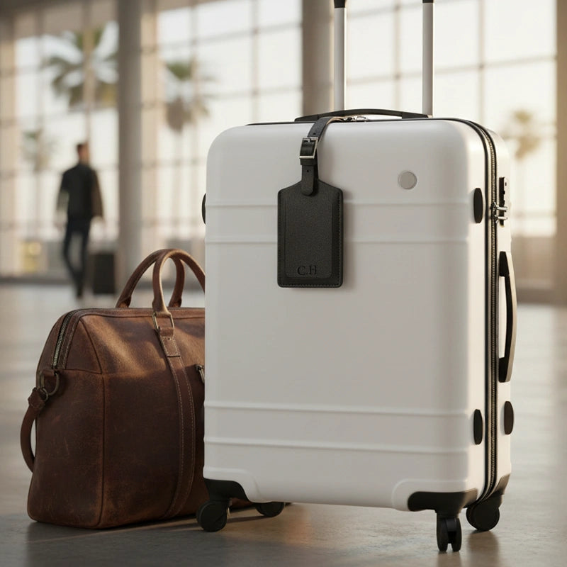 Personalised Recycled Leather Luggage Tag with Initials | Custom Monogram Travel Bag Tag Gift