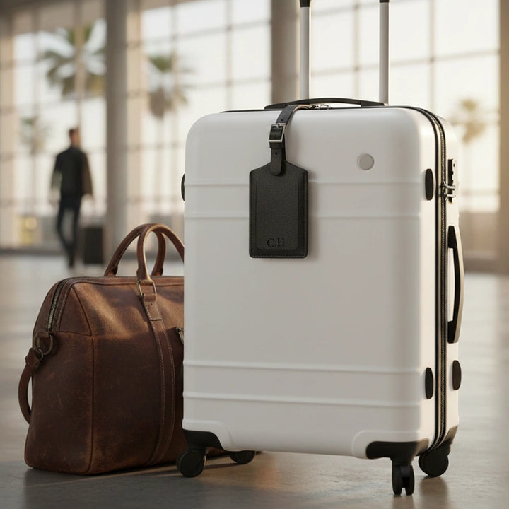 Personalised Recycled Leather Luggage Tag with Initials | Custom Monogram Travel Bag Tag Gift