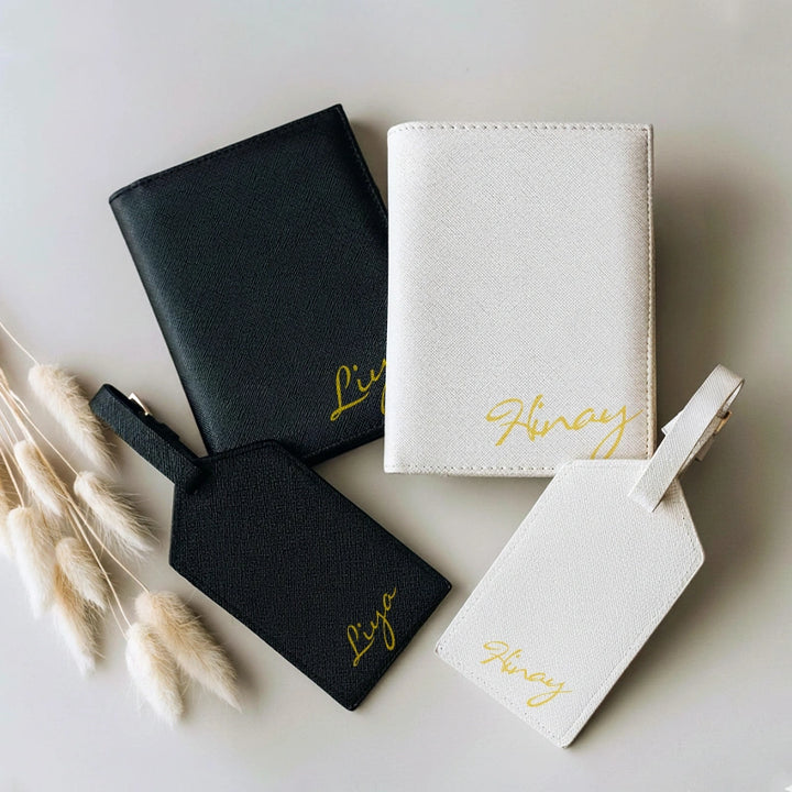 Personalized Leather Passport Case & Luggage Tag Set – Custom Monogram Travel Gift for Couples, Brides, Bridesmaids & Frequent Travelers