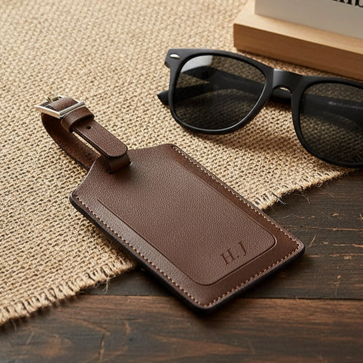 Personalised Recycled Leather Luggage Tag with Initials | Custom Monogram Travel Bag Tag Gift