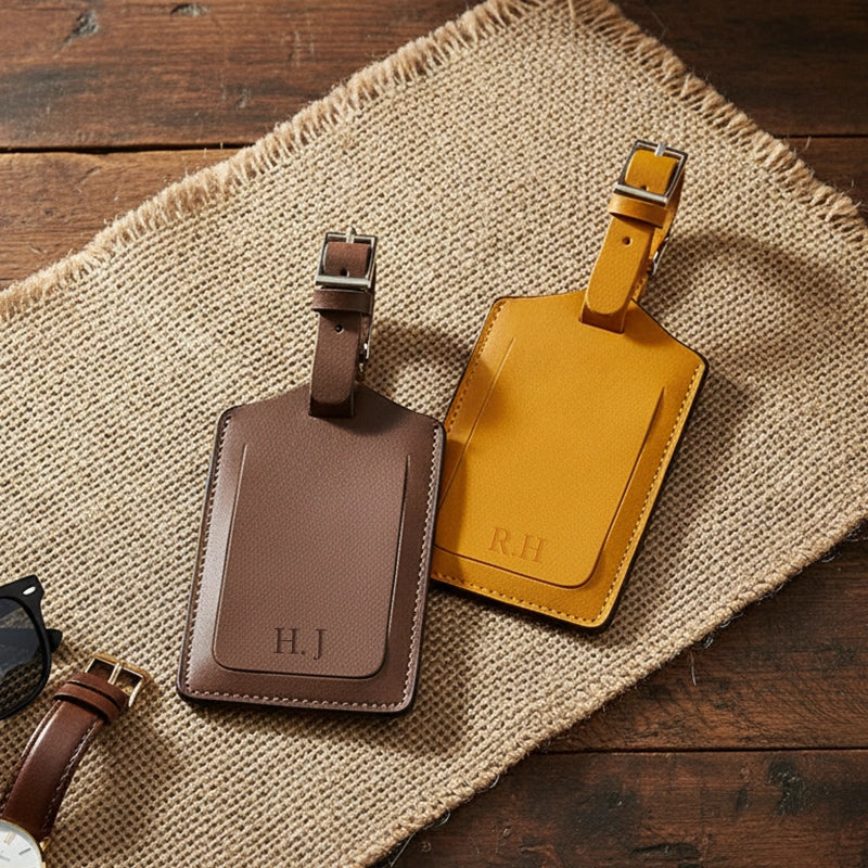 Personalised Recycled Leather Luggage Tag with Initials | Custom Monogram Travel Bag Tag Gift