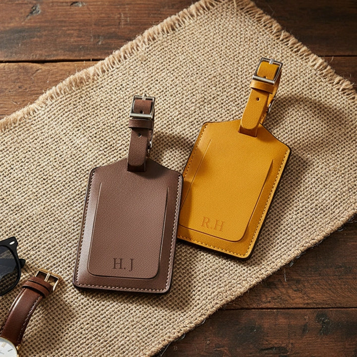 Personalised Recycled Leather Luggage Tag with Initials | Custom Monogram Travel Bag Tag Gift
