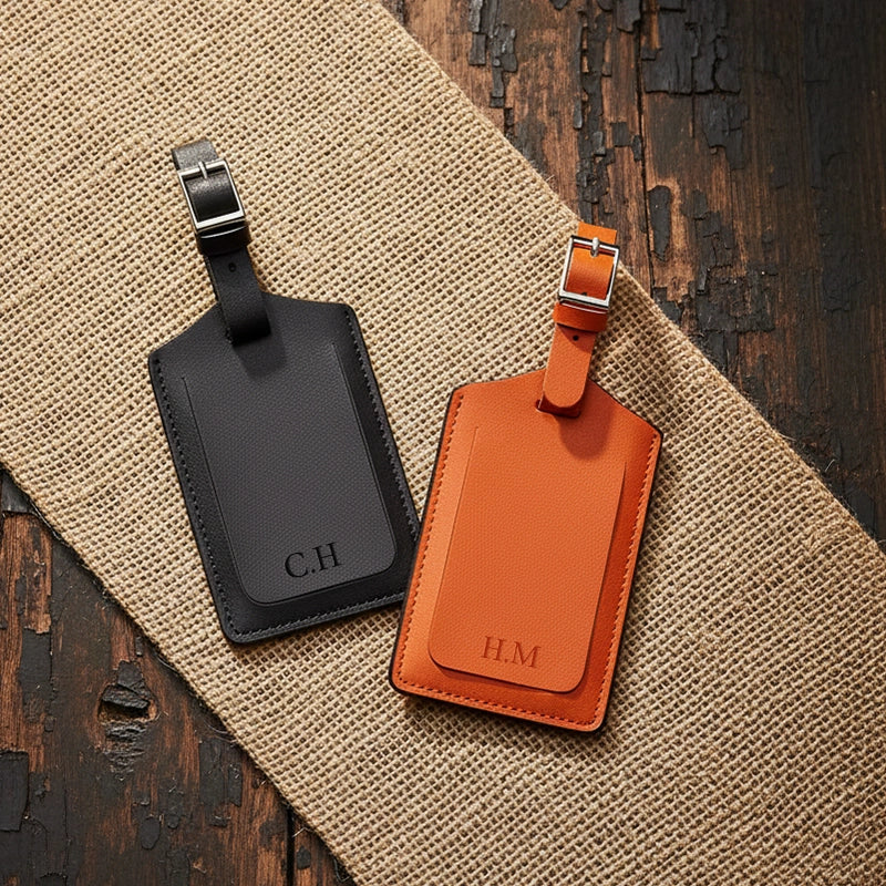 Personalised Recycled Leather Luggage Tag with Initials | Custom Monogram Travel Bag Tag Gift