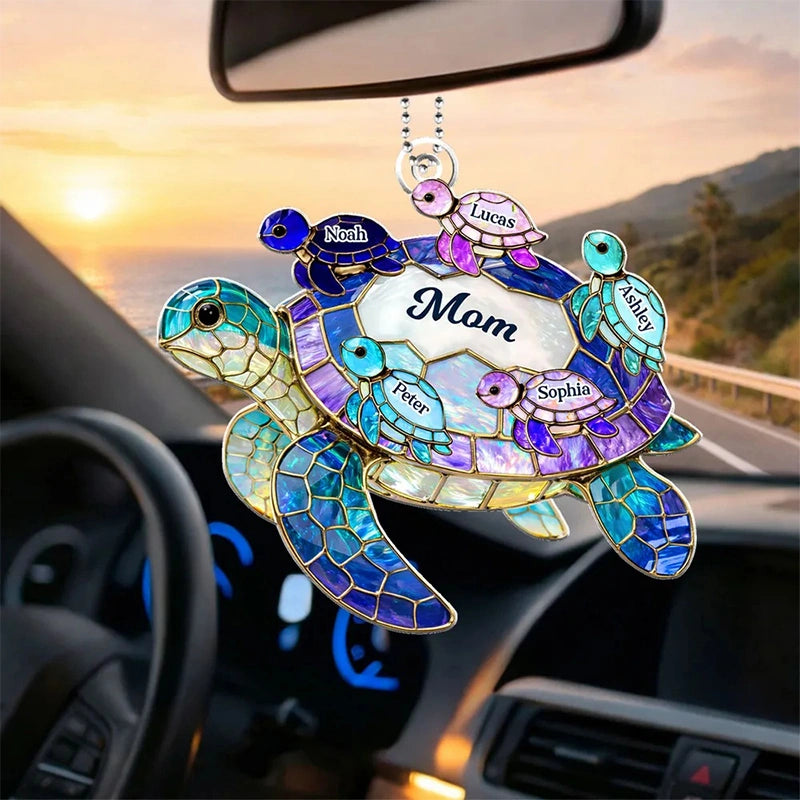 Personalized Sea Turtle Car Hanger for Mom/Grandma – Custom Family Names Acrylic Ornament | Mother’s Day Gift