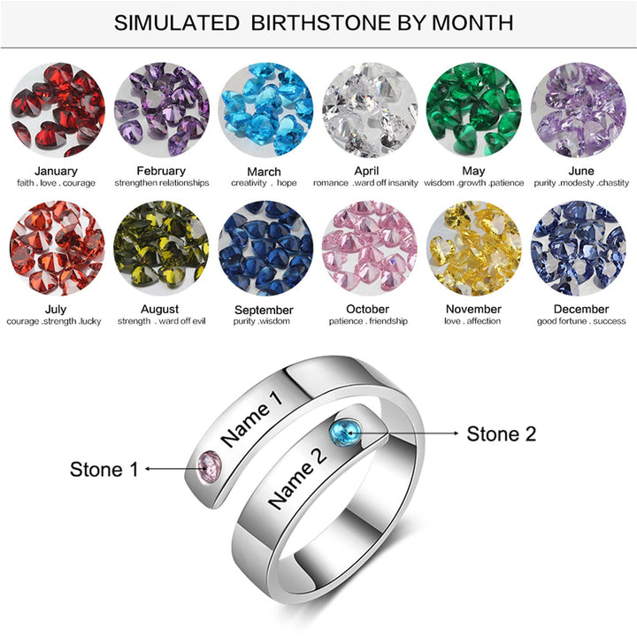 Personalized Spiral Twist Ring with 2 Birthstones – Custom Engraved Names Promise Ring for Women