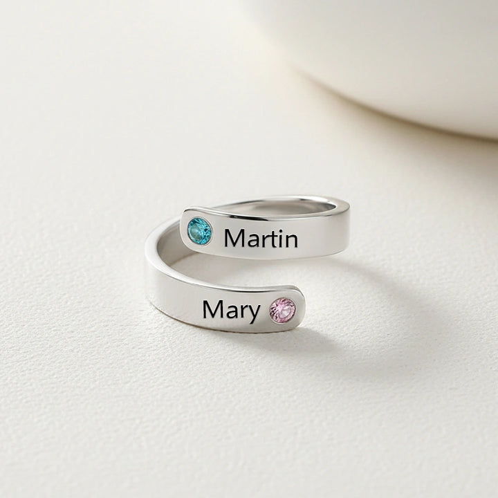 Personalized Spiral Twist Ring with 2 Birthstones – Custom Engraved Names Promise Ring for Women