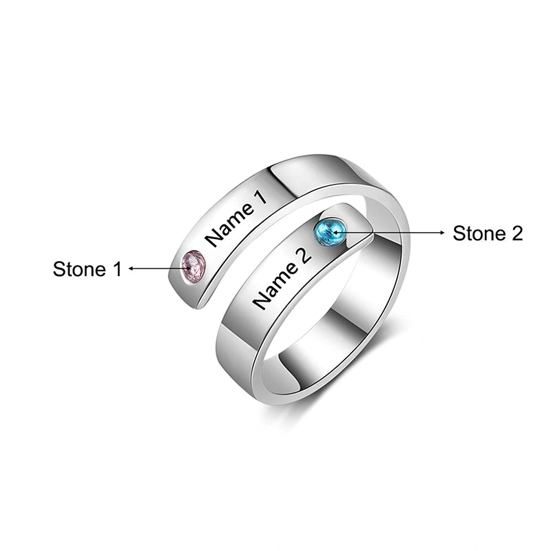 Personalized Spiral Twist Ring with 2 Birthstones – Custom Engraved Names Promise Ring for Women