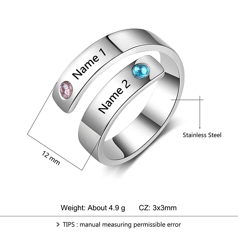 Personalized Spiral Twist Ring with 2 Birthstones – Custom Engraved Names Promise Ring for Women