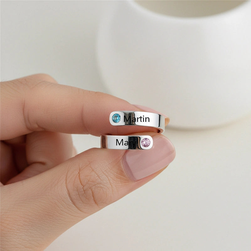 Personalized Spiral Twist Ring with 2 Birthstones – Custom Engraved Names Promise Ring for Women