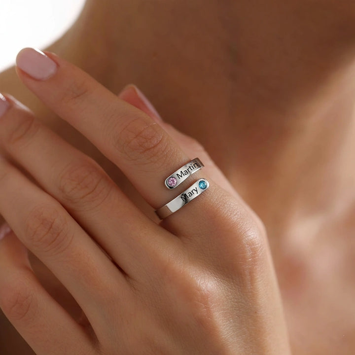 Personalized Spiral Twist Ring with 2 Birthstones – Custom Engraved Names Promise Ring for Women