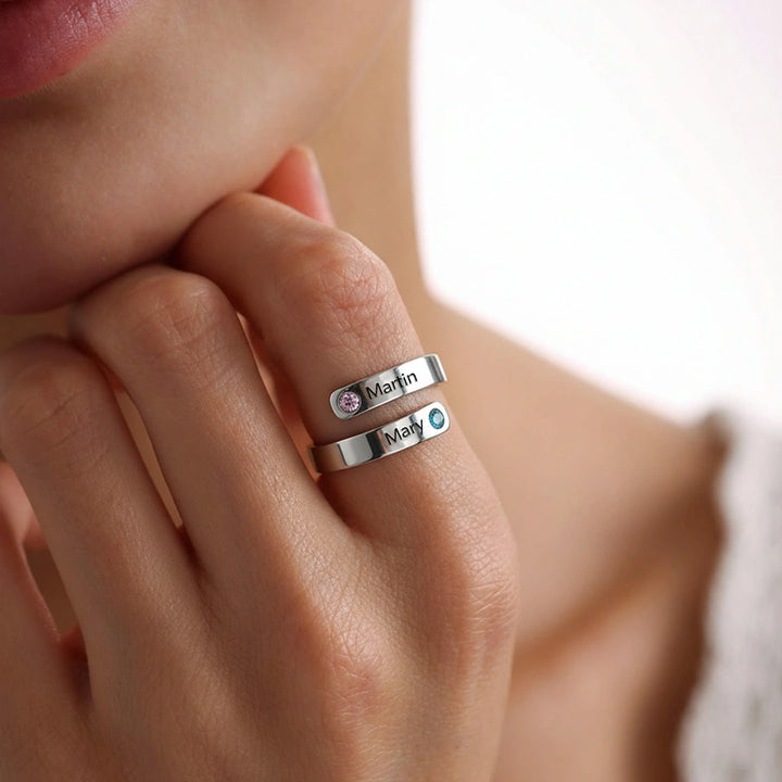 Personalized Spiral Twist Ring with 2 Birthstones – Custom Engraved Names Promise Ring for Women