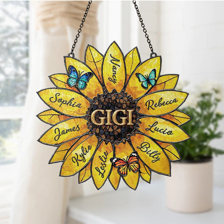 Personalized Sunflower Suncatcher with Family Names – Custom Window Hanging Gift for Mom & Grandma | Mother’s Day Decor