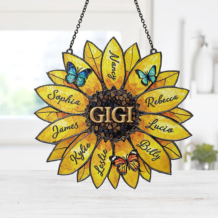 Personalized Sunflower Suncatcher with Family Names – Custom Window Hanging Gift for Mom & Grandma | Mother’s Day Decor