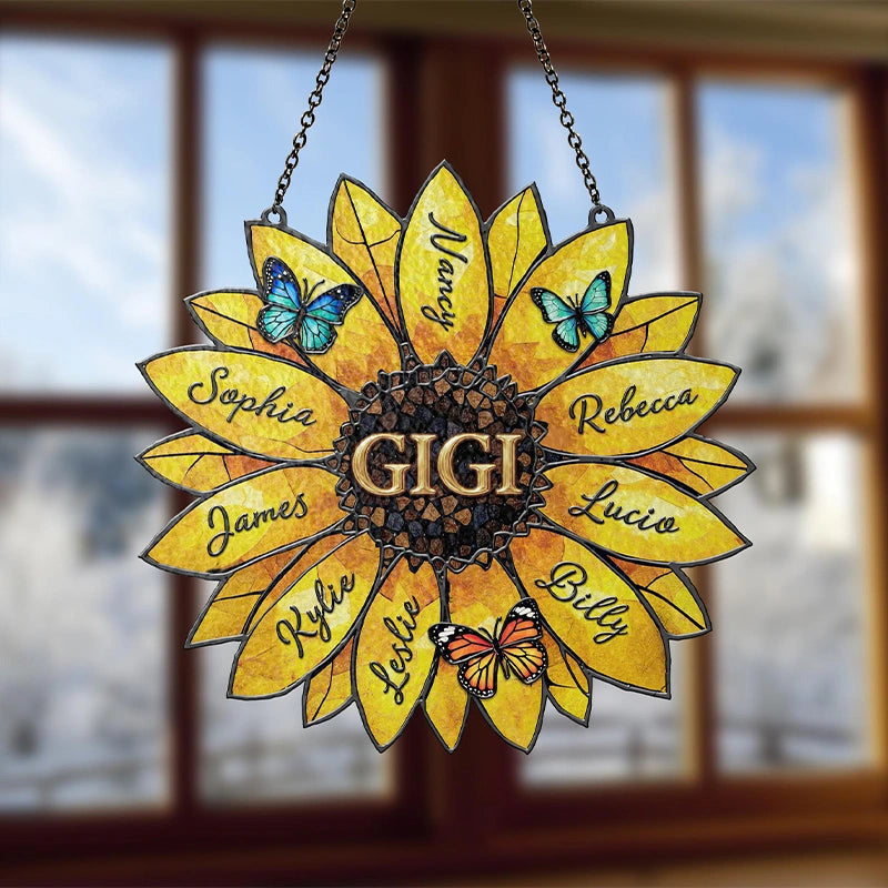 Personalized Sunflower Suncatcher with Family Names – Custom Window Hanging Gift for Mom & Grandma | Mother’s Day Decor