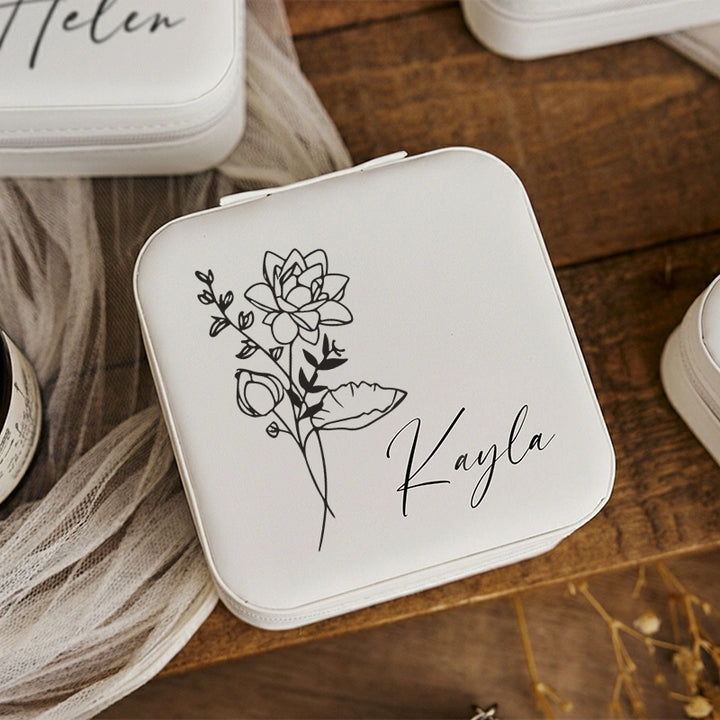 Personalized Travel Jewelry Box – Custom Birth Flower Jewelry Organizer, Bridesmaid Gift for Sister & Friend, Small PU Leather Earring Case