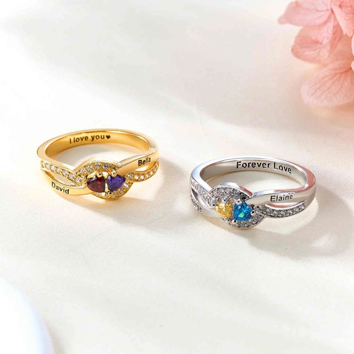 Personalized Twisted Band Ring with Names & Heart Birthstones – Custom Mom Ring | Mother’s Day Gift for Her