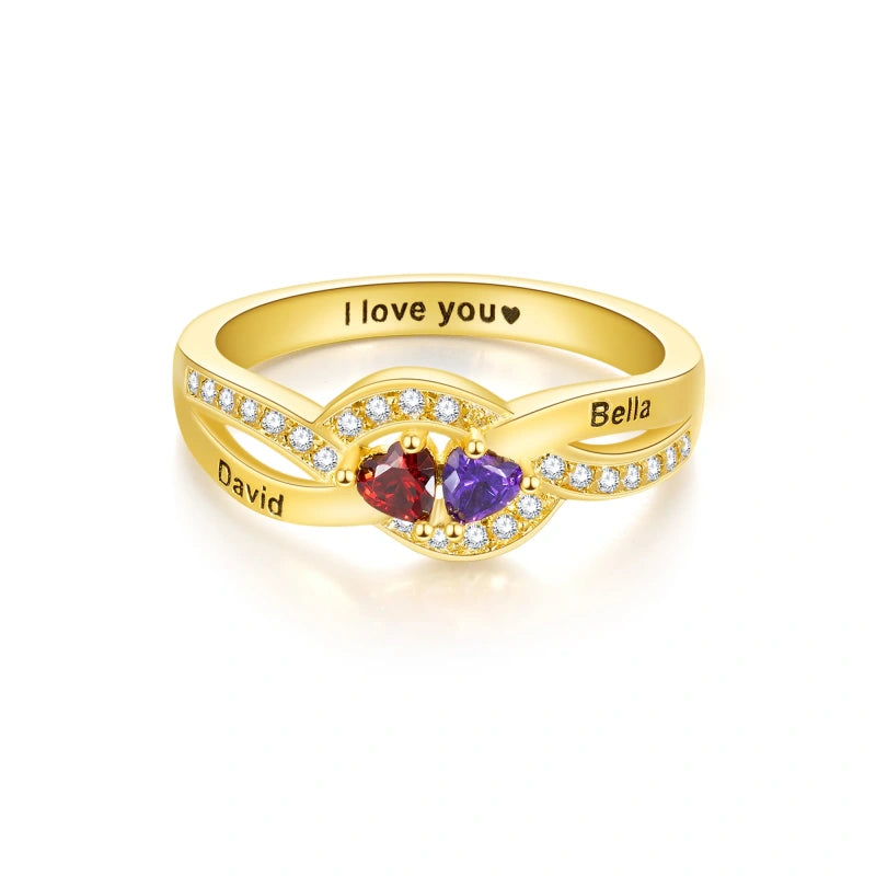 Personalized Twisted Band Ring with Names & Heart Birthstones – Custom Mom Ring | Mother’s Day Gift for Her