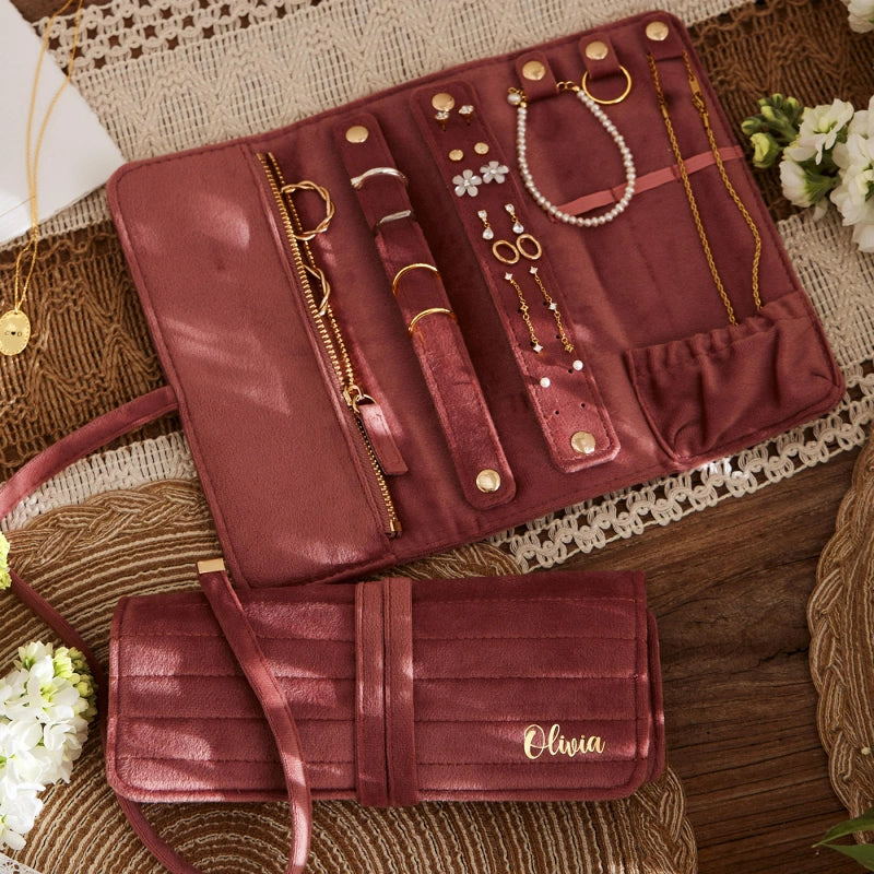 Personalized Velvet Jewelry Roll – Monogram Travel Jewelry Organizer for Bridesmaids, Weddings & Gifts for Her