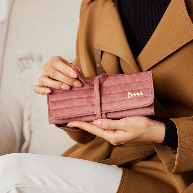 Personalized Velvet Jewelry Roll – Monogram Travel Jewelry Organizer for Bridesmaids, Weddings & Gifts for Her