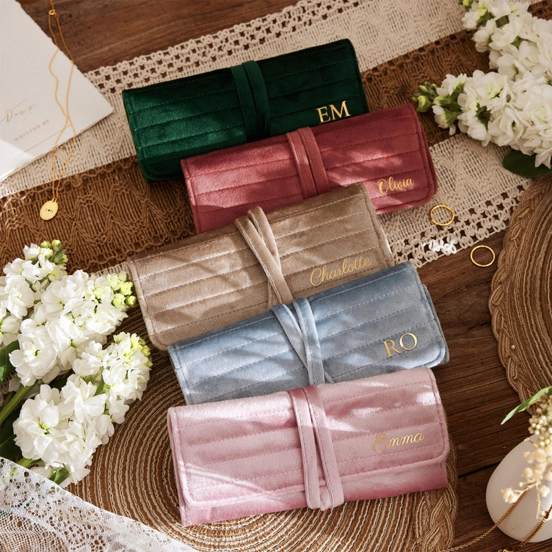 Personalized Velvet Jewelry Roll – Monogram Travel Jewelry Organizer for Bridesmaids, Weddings & Gifts for Her