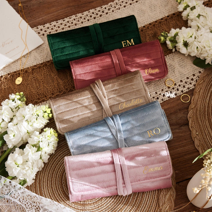 Personalized Velvet Jewelry Roll – Monogram Travel Jewelry Organizer for Bridesmaids, Weddings & Gifts for Her