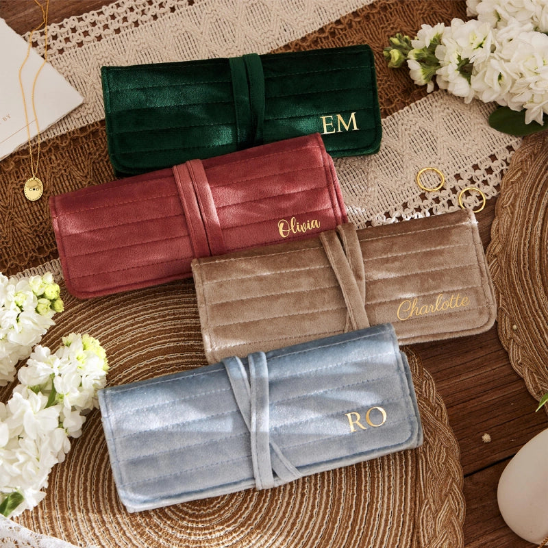 Personalized Velvet Jewelry Roll – Monogram Travel Jewelry Organizer for Bridesmaids, Weddings & Gifts for Her