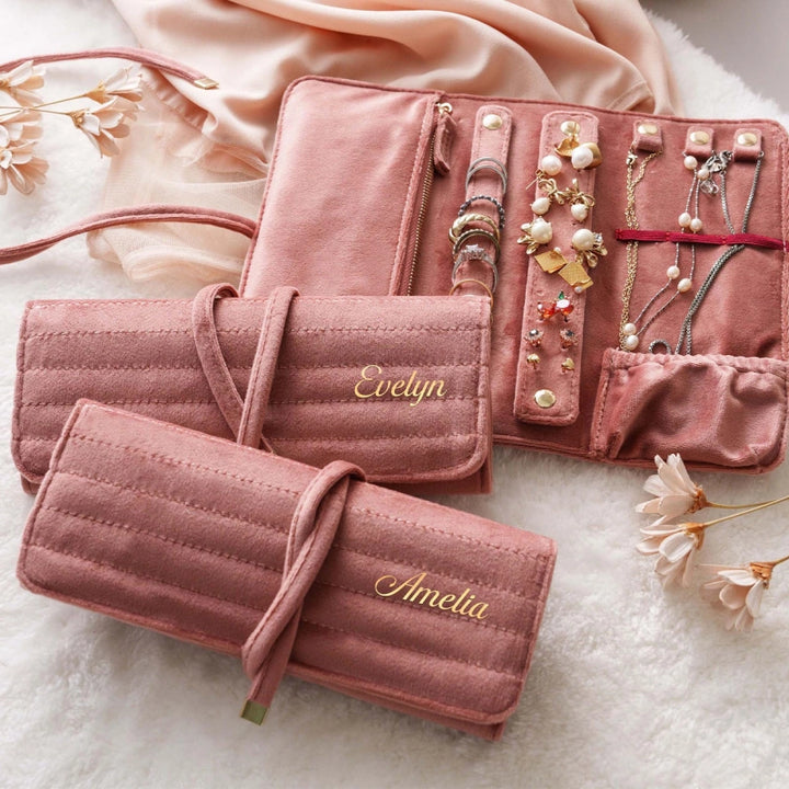 Personalized Velvet Jewelry Roll – Monogram Travel Jewelry Organizer for Bridesmaids, Weddings & Gifts for Her