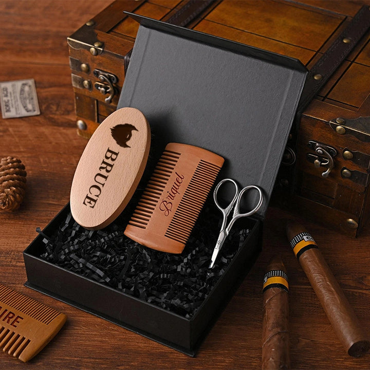 Personalized Wood Beard Comb & Brush Gift Set – Custom Grooming Kit for Him, Father’s Day Gift, Valentine’s Gift for Boyfriend