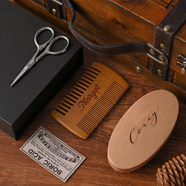 Personalized Wood Beard Comb & Brush Gift Set – Custom Grooming Kit for Him, Father’s Day Gift, Valentine’s Gift for Boyfriend