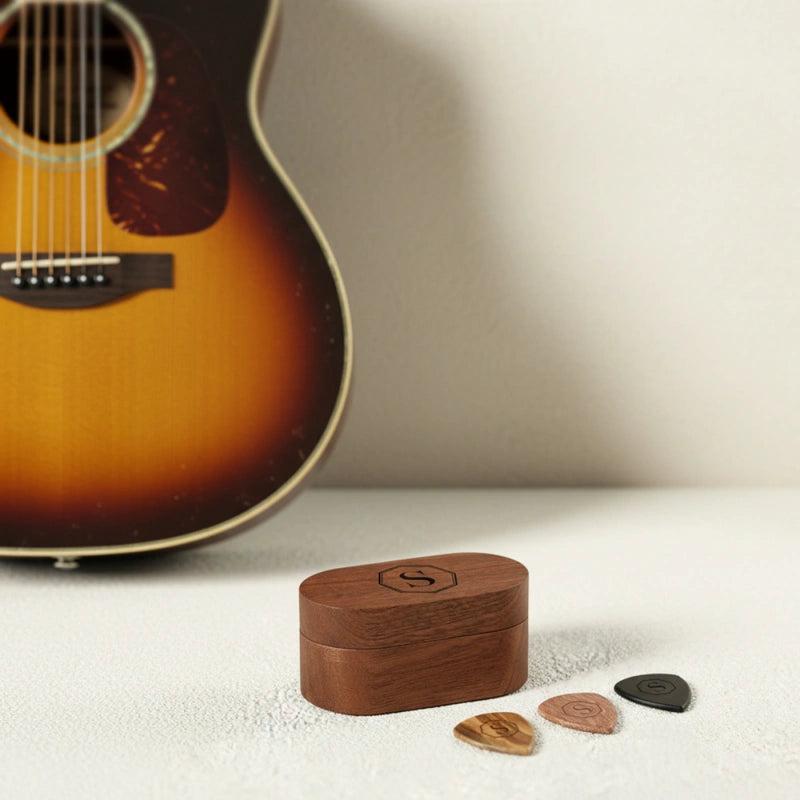 Personalized Wooden Guitar Pick Box – Custom Engraved Pick Holder Gift for Guitarists & Musicians