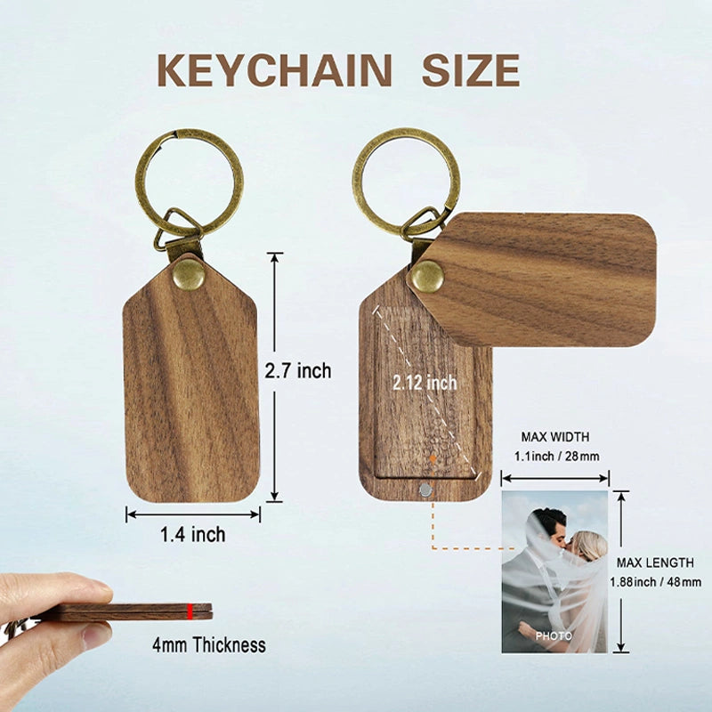 Personalized Wooden Photo Keychain – Custom Engraved Picture Keyring in Walnut or Cherry Wood