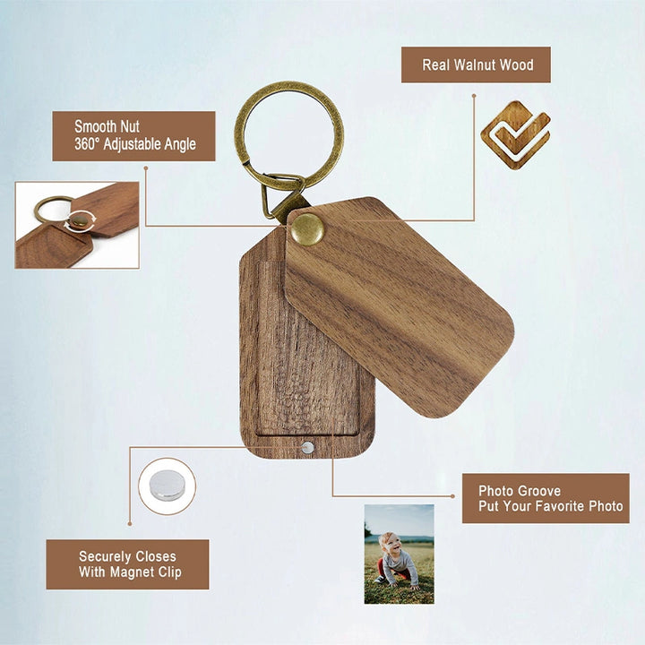 Personalized Wooden Photo Keychain – Custom Engraved Picture Keyring in Walnut or Cherry Wood