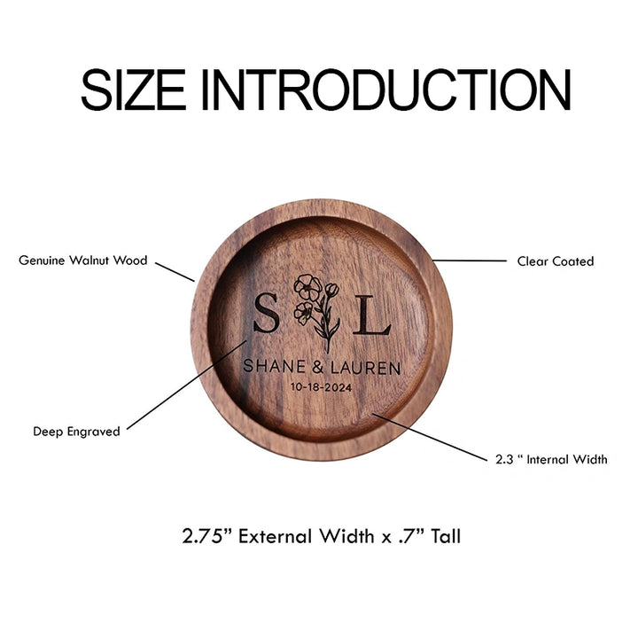 Personalized Wooden Ring Dish – Engraved Walnut Ring Holder, Custom Engagement & Wedding Gift, Anniversary Jewelry Tray for Her