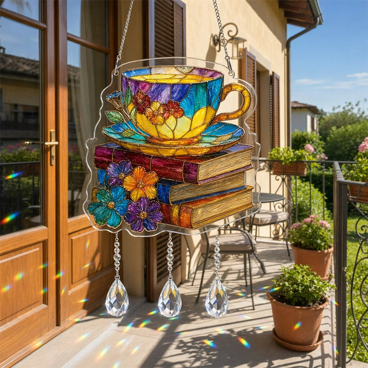 Radiant Bloom Teacup Acrylic Suncatcher – Floral Light-Catching Window Art & Relaxing Home Décor Gift