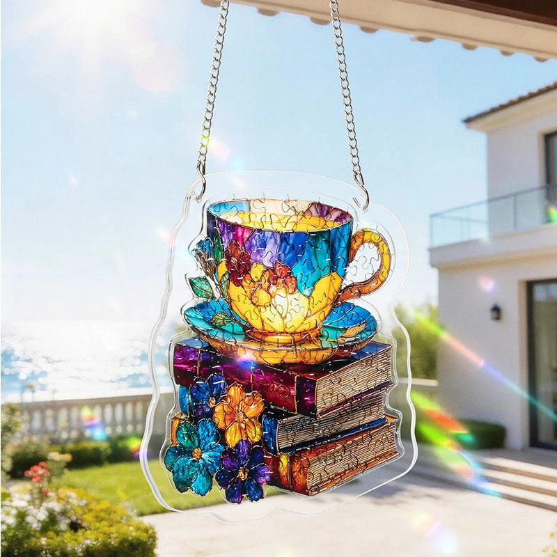 Radiant Bloom Teacup Acrylic Suncatcher – Floral Light-Catching Window Art & Relaxing Home Décor Gift