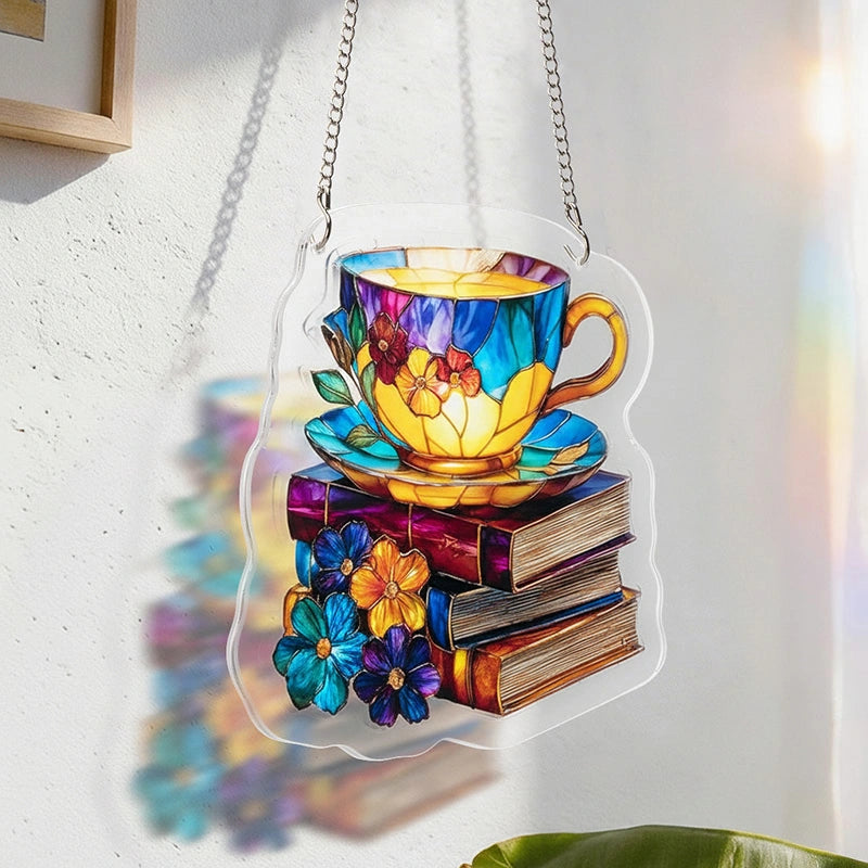 Radiant Bloom Teacup Acrylic Suncatcher – Floral Light-Catching Window Art & Relaxing Home Décor Gift