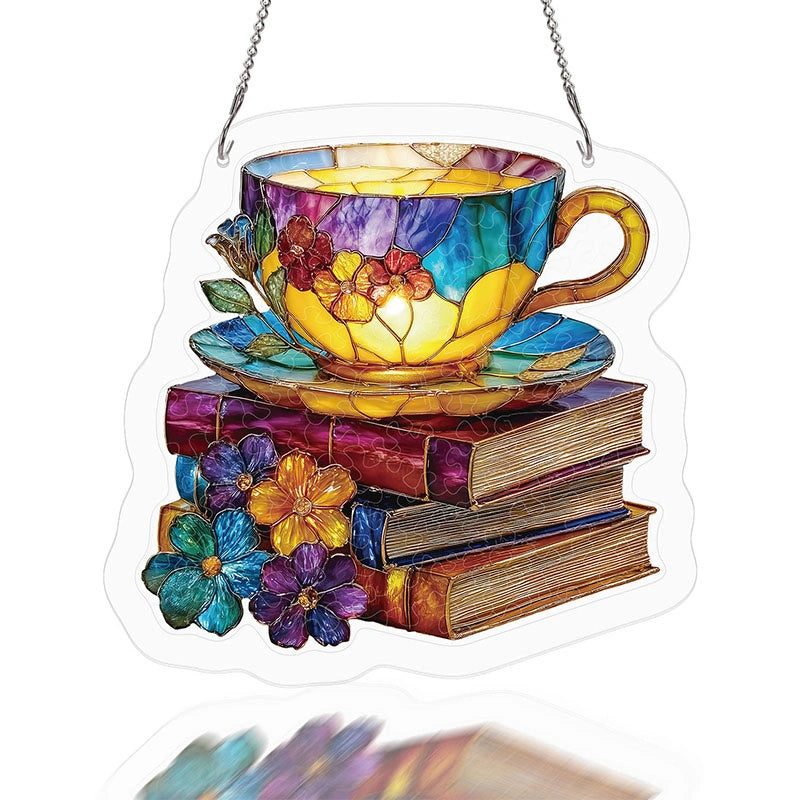 Radiant Bloom Teacup Acrylic Suncatcher – Floral Light-Catching Window Art & Relaxing Home Décor Gift