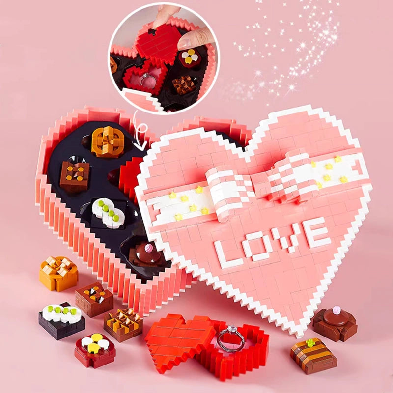 Romantic Heart-Shaped Building Block Gift Box – 1500+ ABS Pieces Puzzle Packaging for Couples, Rings & Small Gifts
