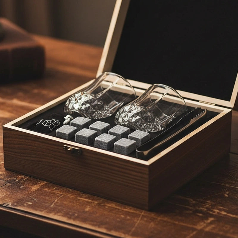 Royal Reserve Whiskey Stones Gift Set – Scotch & Bourbon Glasses with Chilling Rocks, Coasters & Tongs
