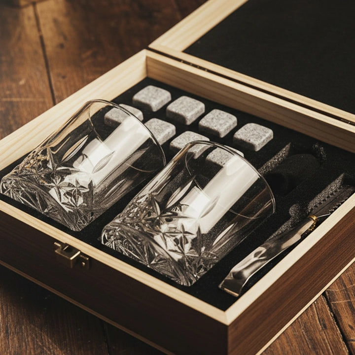 Royal Reserve Whiskey Stones Gift Set – Scotch & Bourbon Glasses with Chilling Rocks, Coasters & Tongs