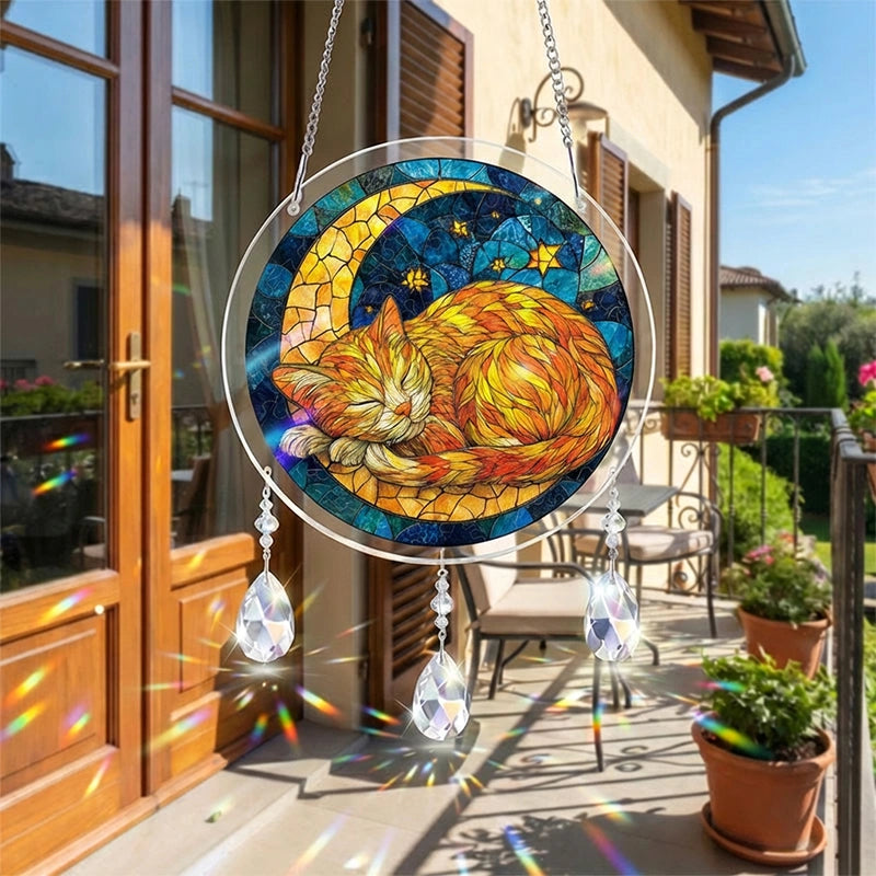 Starry Moon Cat Acrylic Suncatcher – Celestial Night Window Hanging Decor