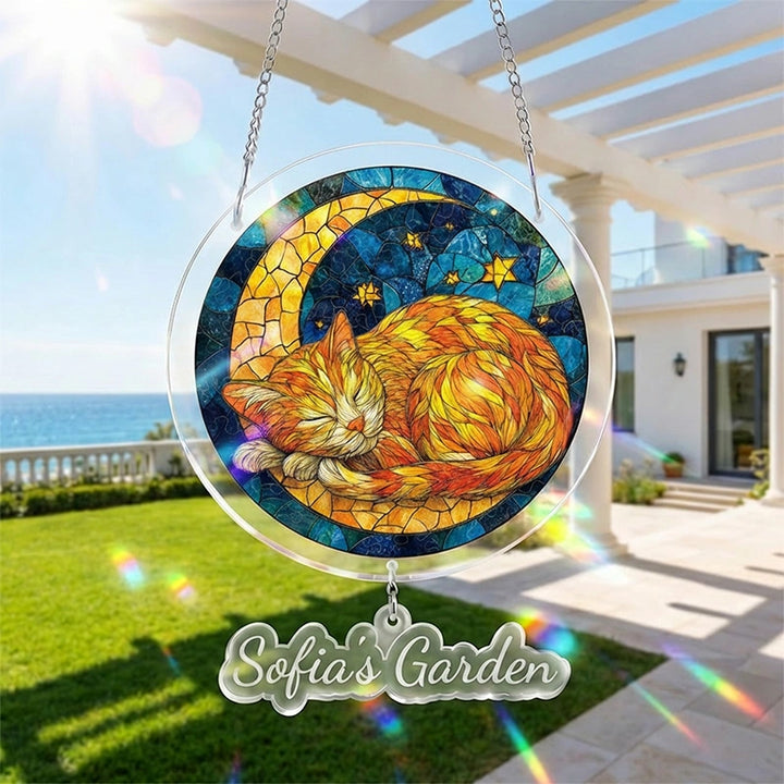 Starry Moon Cat Acrylic Suncatcher – Celestial Night Window Hanging Decor